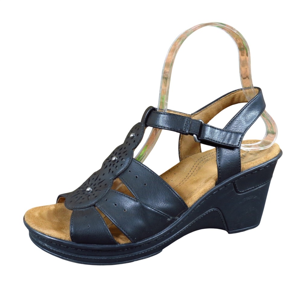 Natural Soul Rynda Womens Wedge Sandals Size 7M Comfort Walking Black Strappy